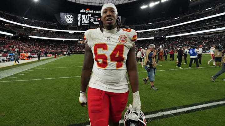 Oct 27, 2024; Paradise, Nevada, USA; Kansas City Chiefs offensive tackle Wanya Morris (64) leaves the field after the game against the Las Vegas Raiders at Allegiant Stadium. Mandatory Credit: Kirby Lee-Imagn Images