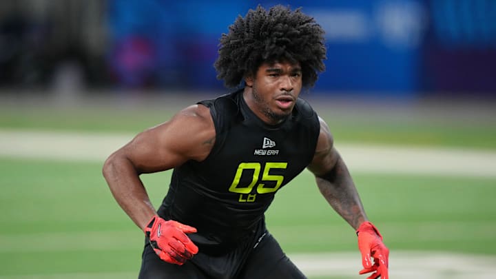 Alabama linebacker Jihaad Campbell (LB05) participates in drills during the 2025 NFL Combine at Lucas Oil Stadium.