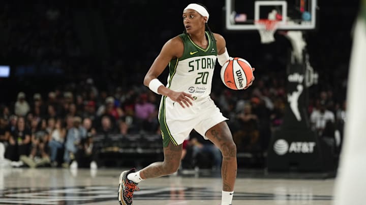 Aug 8, 2025; Las Vegas, Nevada; Seattle Storm guard Brittney Sykes (20) dribbles the ball against the Las Vegas Aces during the second half of a WNBA basketball game at Michelob Ultra Arena. 