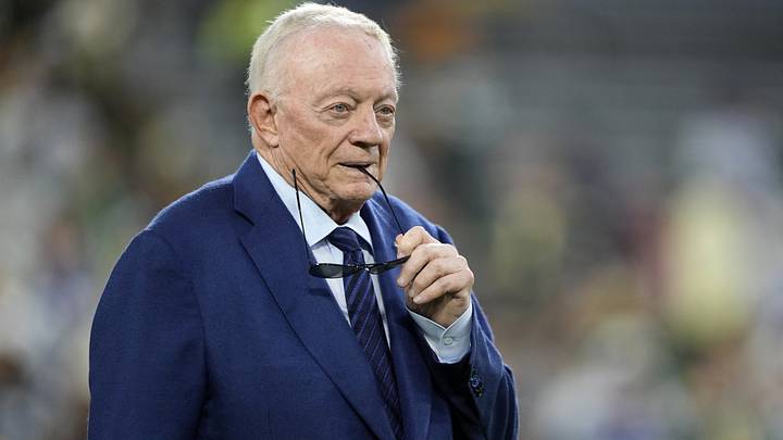 Dallas Cowboys owner Jerry Jones looks on prior to the game against the Green Bay Packers at Lambeau Field.  Mandatory Credit: Jeff Hanisch-Imagn Images
