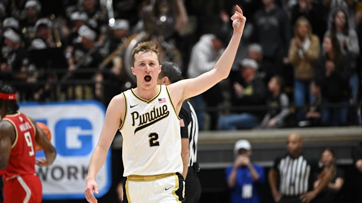 Purdue Boilermakers guard Fletcher Loyer (2) reacts to a basket