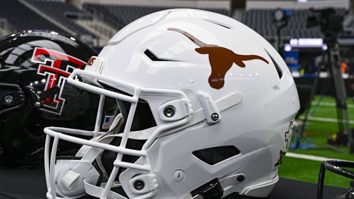 Jul 12, 2023; Arlington, TX, USA; A view of the Texas Longhorns helmet and logo during Big 12 football media day at AT&T Stadium. Mandatory Credit: Jerome Miron-Imagn Images