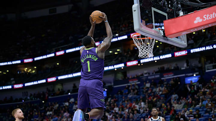 Jan 7, 2025; New Orleans, Louisiana, USA; New Orleans Pelicans forward Zion Williamson (1) dunks against the Minnesota Timberwolves during the first half at Smoothie King Center. Mandatory Credit: Matthew Hinton-Imagn Images Jan 7, 2025; New Orleans, Louisiana, USA; New Orleans Pelicans forward Zion Williamson (1) dunks against the Minnesota Timberwolves during the first half at Smoothie King Center. Mandatory Credit: Matthew Hinton-Imagn Images
