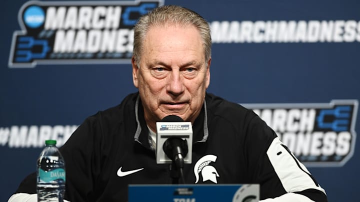 Mar 20, 2025; Cleveland, OH, USA; Michigan State Spartans head coach Tom Izzo talks to the media before practice at Rocket Arena. Mandatory Credit: Ken Blaze-Imagn Images

