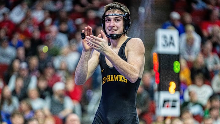 Waverly Shell Rock's Kipton Lewis defeats Lewis Central's Zander Manz in the Class 3A 120 lbs. championship match of the Iowa high school state wrestling finals on Feb. 21, 2026, at Casey's Center in Des Moines.
