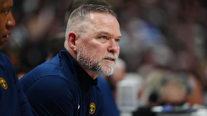 Apr 6, 2025; Denver, Colorado, USA; Denver Nuggets head coach Michael Malone during the second quarter against the Indiana Pacers at Ball Arena. Apr 6, 2025; Denver, Colorado, USA; Denver Nuggets head coach Michael Malone during the second quarter against the Indiana Pacers at Ball Arena.