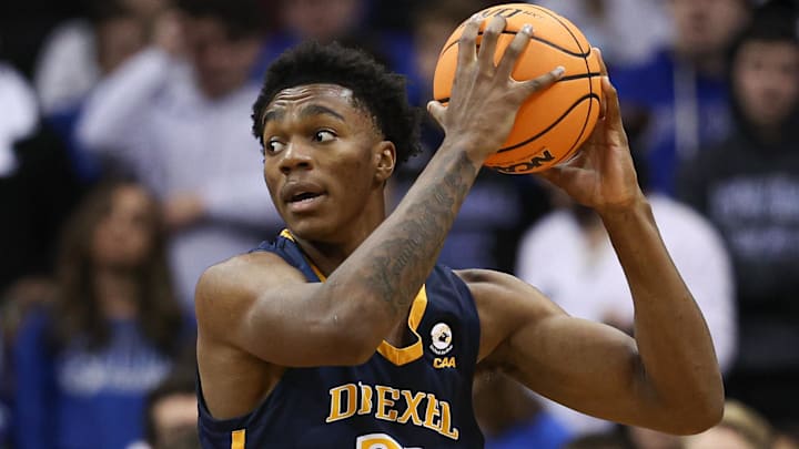 Dec 14, 2022; Newark, New Jersey, USA; Drexel Dragons forward Amari Williams (22) secures the ball