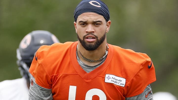 Chicago Bears quarterback Caleb Williams (18) looks on during minicamp at Halas Hall. Chicago Bears quarterback Caleb Williams (18) looks on during minicamp at Halas Hall.