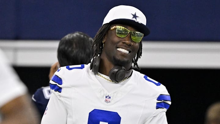 Aug 16, 2025; Arlington, Texas, USA; Dallas Cowboys linebacker DeMarvion Overshown (0) looks on before the game between the Dallas Cowboys and the Baltimore Ravens at AT&T Stadium. Mandatory Credit: Jerome Miron-Imagn Images