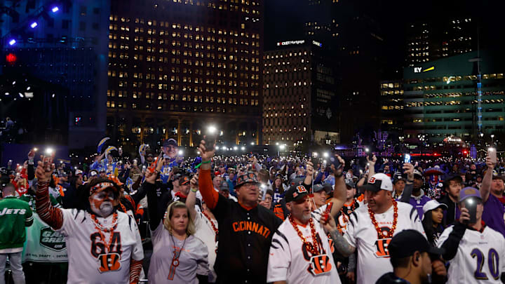 NFL fans inside the NFL Draft Theater hold up the flashlights on their phones during a break between picks in the second round in the 2024 NFL Draft in Detroit on Friday, April 26, 2024. NFL fans inside the NFL Draft Theater hold up the flashlights on their phones during a break between picks in the second round in the 2024 NFL Draft in Detroit on Friday, April 26, 2024.