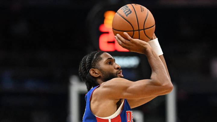 Oct 10, 2026; Washington, District of Columbia, USA;  Detroit Pistons guard Isaiah Joe (17) attempts.a jump shot in front of Washington Wizards guard Bub Carrington (7) during the first quarter at Capital One Arena.  Mandatory Credit: Rafael Suanes-Imagn Images