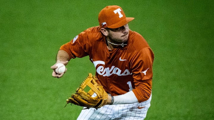 Texas Longhorns infielder Jalin Flores (1) winds up to throw to first base in the fifth inning as the Texas Longhorns take on the University of Incarnate Word Cardinals.