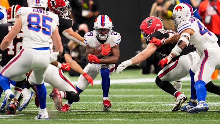 Oct 13, 2025; Atlanta, Georgia, USA; Buffalo Bills cornerback Brandon Codrington (29) carries the ball against the Atlanta Falcons