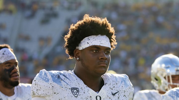 Nov 18, 2023; Tempe, Arizona, USA; Oregon Ducks defensive lineman A'Mauri Washington (58) against the Arizona State Sun Devils at Mountain America Stadium. Mandatory Credit: Mark J. Rebilas-Imagn Images