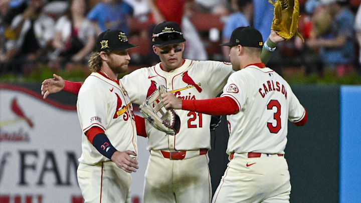 May 18, 2024; St. Louis, Missouri, USA;  St. Louis Cardinals center fielder Lars Nootbaar (21) left