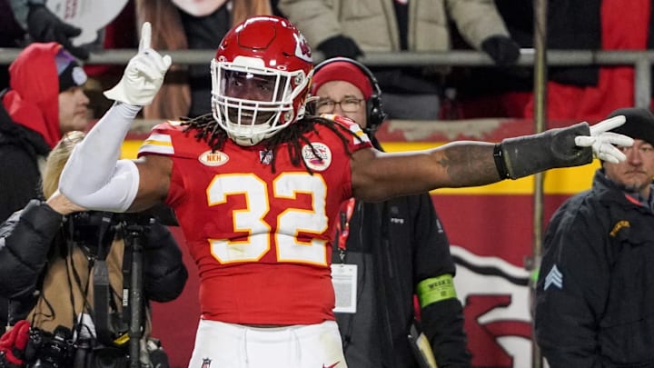 Dec 31, 2023; Kansas City, Missouri, USA; Kansas City Chiefs linebacker Nick Bolton (32) celebrates after a play against the Cincinnati Bengals during the game at GEHA Field at Arrowhead Stadium.