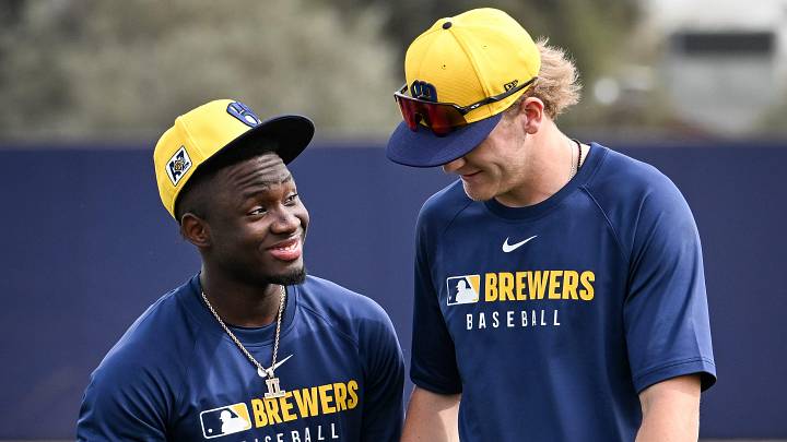 Milwaukee Brewers outfielder Luis Lara and infielder Cooper Pratt come off the field together during spring training workouts Monday, February 17, 2025, at American Family Fields of Phoenix in Phoenix, Arizona. Milwaukee Brewers outfielder Luis Lara and infielder Cooper Pratt come off the field together during spring training workouts Monday, February 17, 2025, at American Family Fields of Phoenix in Phoenix, Arizona.