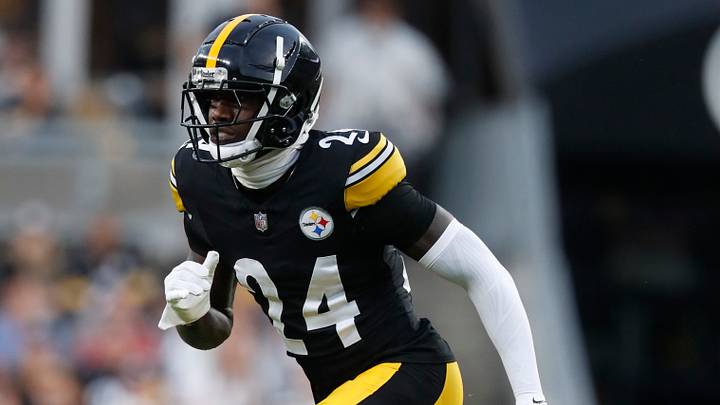 Aug 17, 2024; Pittsburgh, Pennsylvania, USA;  Pittsburgh Steelers cornerback Joey Porter Jr. (24) pass rushes at the line of scrimmage against the Buffalo Bills during the second quarter at Acrisure Stadium. Mandatory Credit: Charles LeClaire-USA TODAY Sports