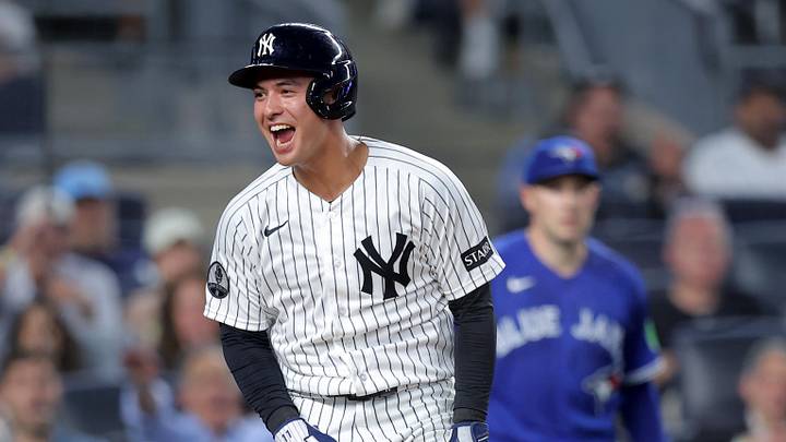 May 18, 2026; Bronx, New York, USA; New York Yankees shortstop Anthony Volpe (11) reacts after scoring a run against the Toronto Blue Jays on a sacrifice fly by Yankees catcher J.C. Escarra (not pictured) during the fourth inning at Yankee Stadium. Mandatory Credit: Brad Penner-Imagn Images