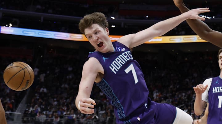 Dec 20, 2025; Detroit, Michigan, USA;  aCharlotte Hornets guard Kon Knueppel (7) reacts after being fouled in the second half against the Detroit Pistons t Little Caesars Arena. Mandatory Credit: Rick Osentoski-Imagn Images
