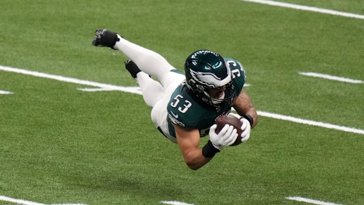 Feb 9, 2025; New Orleans, LA, USA; Philadelphia Eagles linebacker Zack Baun (53) makes an interception against Kansas City Chiefs quarterback Patrick Mahomes (not pictured) during the second quarter in Super Bowl LIX at Caesars Superdome. Mandatory Credit: Kirby Lee-Imagn Images