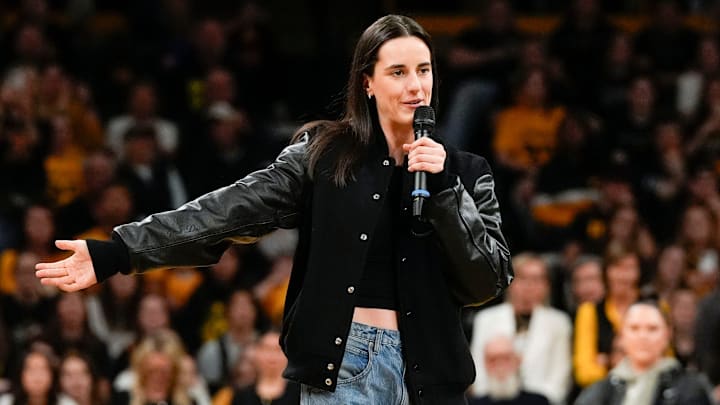 Caitlin Clark addresses the crowd during her jersey retirement ceremony Sunday, Feb. 2, 2025 at Carver-Hawkeye Arena in Iowa City, Iowa.