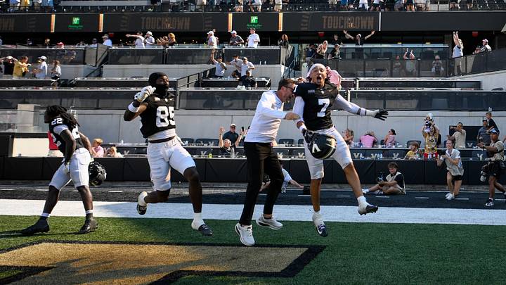 Sep 19, 2026; Nashville, Tennessee, USA; Vanderbilt Commodores wide receiver Cole Adams (7), wide receiver LeBron Hill (85), and running back Makhilyn Young (22) celebrate after Vanderbilt Commodores recover the fumble in the end zone from NC State Wolfpack quarterback CJ Bailey (11) (not pictured) during the second half at FirstBank Stadium. Mandatory Credit: Steve Roberts-Imagn Images Sep 19, 2026; Nashville, Tennessee, USA; Vanderbilt Commodores wide receiver Cole Adams (7), wide receiver LeBron Hill (85), and running back Makhilyn Young (22) celebrate after Vanderbilt Commodores recover the fumble in the end zone from NC State Wolfpack quarterback CJ Bailey (11) (not pictured) during the second half at FirstBank Stadium. Mandatory Credit: Steve Roberts-Imagn Images