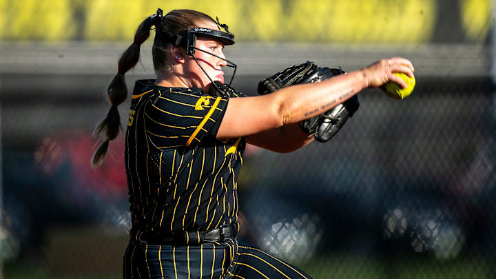 Iowa's Jalen Adams delivers a pitch during a NCAA softball game, Wednesday, May 3, 2023, at Bob Pearl Field in Iowa City, Iowa.

230503 Uni Iowa S 033 Jpg