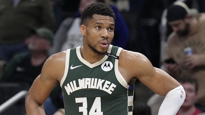 Apr 25, 2025; Milwaukee, Wisconsin, USA; Milwaukee Bucks forward Giannis Antetokounmpo (34) on the bench as the clock counts down against the Indiana Pacers during game three of first round for the 2024 NBA Playoffs at Fiserv Forum. Mandatory Credit: Michael McLoone-Imagn Images Apr 25, 2025; Milwaukee, Wisconsin, USA; Milwaukee Bucks forward Giannis Antetokounmpo (34) on the bench as the clock counts down against the Indiana Pacers during game three of first round for the 2024 NBA Playoffs at Fiserv Forum. Mandatory Credit: Michael McLoone-Imagn Images