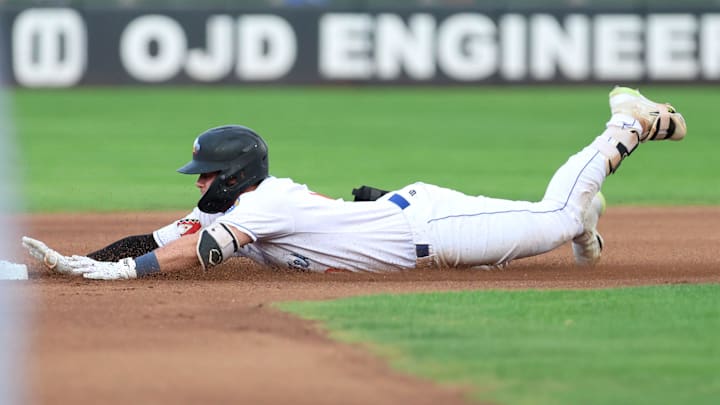 Amarillo Sod Poodles    Tim Tawa (10) slides in safely at second base, in a Texas League Championship game against the Arkansas Travelers, Tuesday night, September 26, 2023, at Hodgetown, in Amarillo, Texas. The Arkansas Travelers won 6-5.