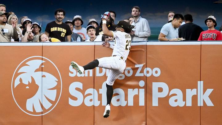 Jul 30, 2026; San Diego, California, USA; San Diego Padres right fielder Fernando Tatis Jr. (23) makes a catch on a ball hit by San Francisco Giants first baseman Rafael Devers (16) during the first inning at Petco Park. Mandatory Credit: Denis Poroy-Imagn Images Jul 30, 2026; San Diego, California, USA; San Diego Padres right fielder Fernando Tatis Jr. (23) makes a catch on a ball hit by San Francisco Giants first baseman Rafael Devers (16) during the first inning at Petco Park. Mandatory Credit: Denis Poroy-Imagn Images