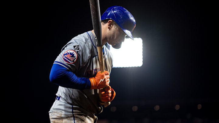 May 15, 2024; Philadelphia, Pennsylvania, USA; New York Mets first base Pete Alonso (20) prepares to bat against the Philadelphia Phillies at Citizens Bank Park.