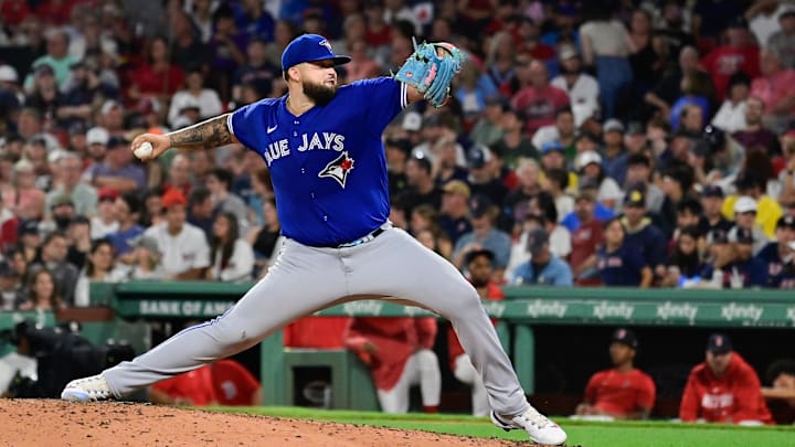 Aug 4, 2023; Boston, Massachusetts, USA; Toronto Blue Jays starting pitcher Alek Manoah (6) pitches