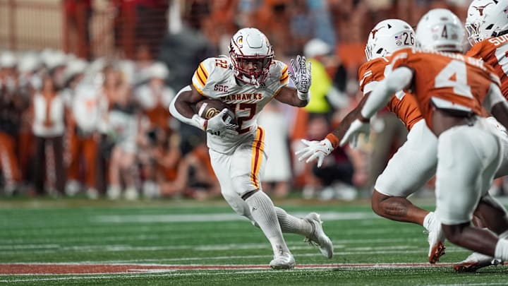 Sep 21, 2024; Austin, Texas, USA; Louisiana Monroe Warhawks running back Ahmad Hardy (22) runs the ball in the first half against the Texas Longhorns at Darrell K Royal-Texas Memorial Stadium. Mandatory Credit: Daniel Dunn-Imagn Images Sep 21, 2024; Austin, Texas, USA; Louisiana Monroe Warhawks running back Ahmad Hardy (22) runs the ball in the first half against the Texas Longhorns at Darrell K Royal-Texas Memorial Stadium. Mandatory Credit: Daniel Dunn-Imagn Images