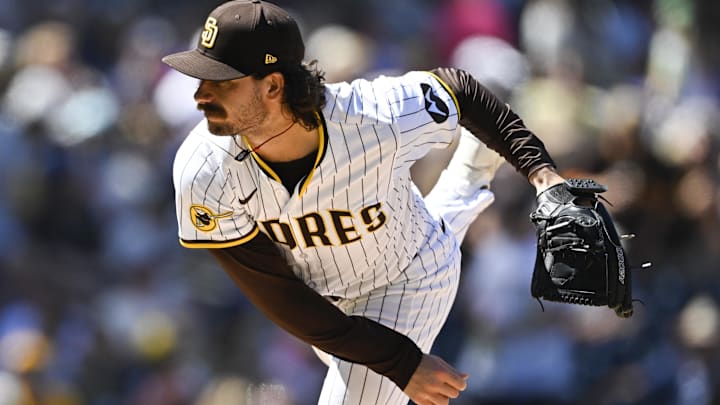 Dylan Cease delivering a pitch against the Brewers in the second inning for the Padre Dylan Cease delivering a pitch against the Brewers in the second inning for the Padre