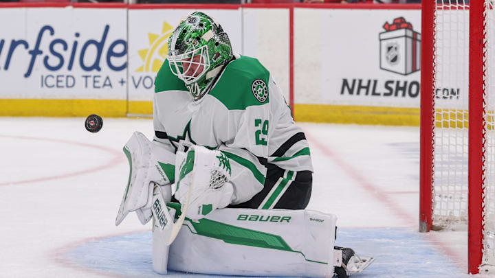 Dec 3, 2025; Newark, New Jersey, USA; Dallas Stars goaltender Jake Oettinger (29) makes a save against the New Jersey Devils during the second period at Prudential Center. Mandatory Credit: Ed Mulholland-Imagn Images