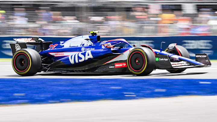 Jun 8, 2024; Montreal, Quebec, CAN; RB driver Yuki Tsunoda (JPN) races during FP3 practice session of the Canadian Grand Prix at Circuit Gilles Villeneuve. Mandatory Credit: David Kirouac-Imagn Images