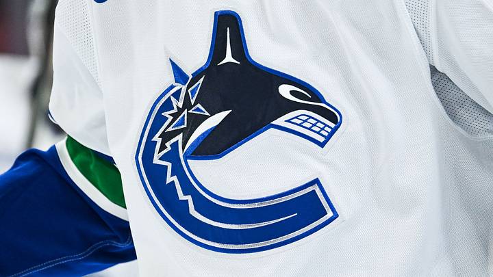Jan 12, 2026; Montreal, Quebec, CAN; View of a Vancouver Canucks logo on a jersey worn by a member of the team during the second period at Bell Centre. Mandatory Credit: David Kirouac-Imagn Images