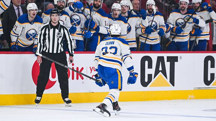 May 16, 2026; Montreal, Quebec, CAN; Buffalo Sabres right wing Jack Quinn (22) reacts in front of his bench after his goal against the Montreal Canadiens during the second period in game six of the second round of the 2026 Stanley Cup Playoffs at Bell Centre. Mandatory Credit: David Kirouac-Imagn Images
