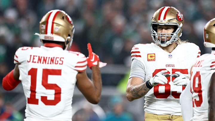 San Francisco 49ers wide receiver Jauan Jennings (L) and tight end George Kittle (R) San Francisco 49ers wide receiver Jauan Jennings (L) and tight end George Kittle (R)
