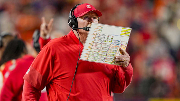 Dec 25, 2025; Kansas City, Missouri, USA; Kansas City Chiefs coach Andy Reid during the fourth quarter at GEHA Field at Arrowhead Stadium. Mandatory Credit: Jay Biggerstaff-Imagn Images