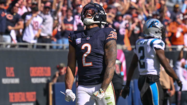 Oct 6, 2024; Chicago, Illinois, USA; Chicago Bears wide receiver DJ Moore (2) celebrates his receiving touchdown against the Carolina Panthers during the second quarter at Soldier Field. Mandatory Credit: Daniel Bartel-Imagn Images