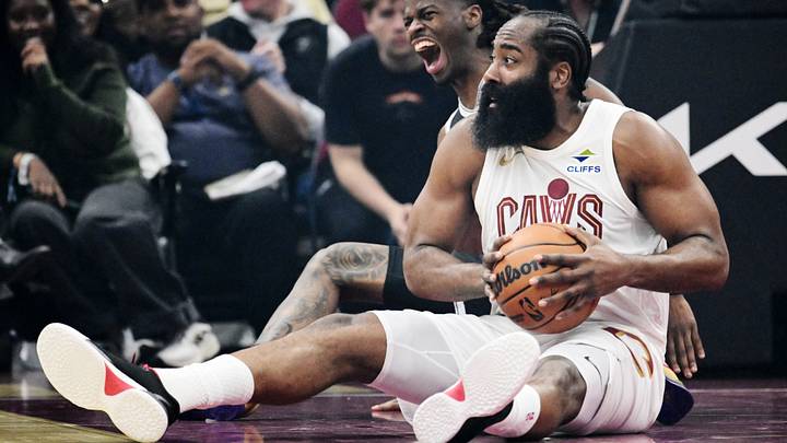 Oct 24, 2026; Cleveland, Ohio, USA; Cleveland Cavaliers guard James Harden (1) looks to pass as Brooklyn Nets guard Keon Ellis (1) reacts during the first quarter at Rocket Arena. Mandatory Credit: Ken Blaze-Imagn Images