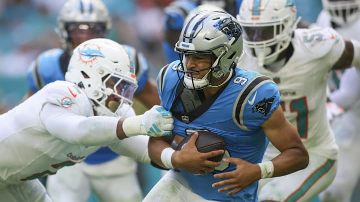 Carolina Panthers quarterback Bryce Young (9) is sacked by Miami Dolphins linebacker Bradley Chubb (2) during the fourth quarter at Hard Rock Stadium in 2023. Carolina Panthers quarterback Bryce Young (9) is sacked by Miami Dolphins linebacker Bradley Chubb (2) during the fourth quarter at Hard Rock Stadium in 2023.