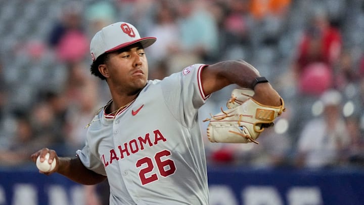May 21, 2025; Hoover, AL, USA; Oklahoma pitcher Kyson Witherspoon (26) pitches against Georgia in the second round of the SEC Baseball Tournament at the Hoover Met.