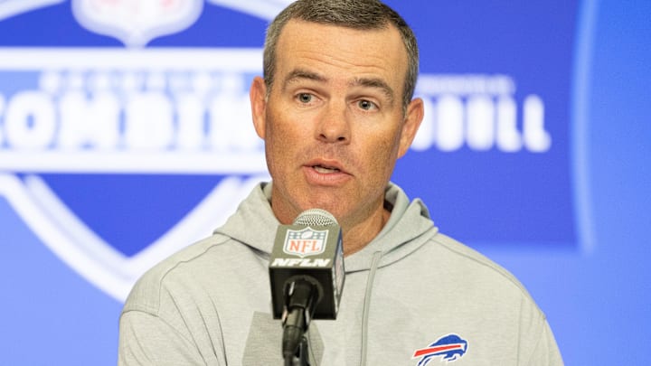 Buffalo Bills general manager Brandon Beane talks to the media at the 2024 NFL Combine at Indiana Convention Center. Buffalo Bills general manager Brandon Beane talks to the media at the 2024 NFL Combine at Indiana Convention Center.