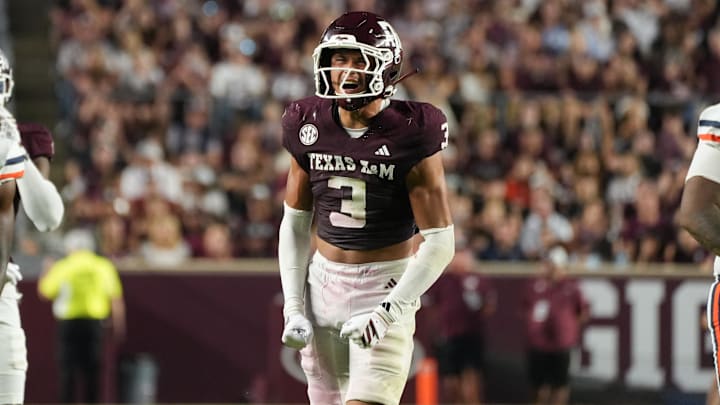 Texas A&M Aggies safety Marcus Ratcliffe (3) celebrates during the second half against the UTSA Roadrunners at Kyle Field. Texas A&M Aggies safety Marcus Ratcliffe (3) celebrates during the second half against the UTSA Roadrunners at Kyle Field.