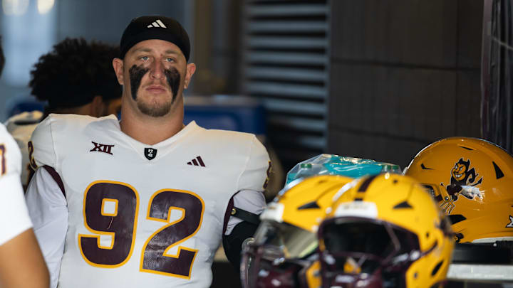 Nov 30, 2024; Tucson, Arizona, USA; Arizona State Sun Devils defensive lineman Zac Swanson (92) against the Arizona Wildcats during the Territorial Cup at Arizona Stadium. Mandatory Credit: Mark J. Rebilas-Imagn Images