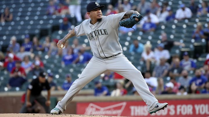 Seattle Mariners starting pitcher Felix Hernandez throws against the Texas Rangers on Aug. 29, 2019, at Globe Life Field.