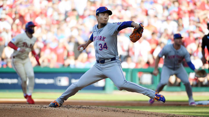 Oct 5, 2024; Philadelphia, PA, USA;  New York Mets pitcher Kodai Senga (34) throws a pitch against the Philadelphia Phillies in the first inning in game one of the NLDS for the 2024 MLB Playoffs at Citizens Bank Park. Mandatory Credit: Eric Hartline-Imagn Images